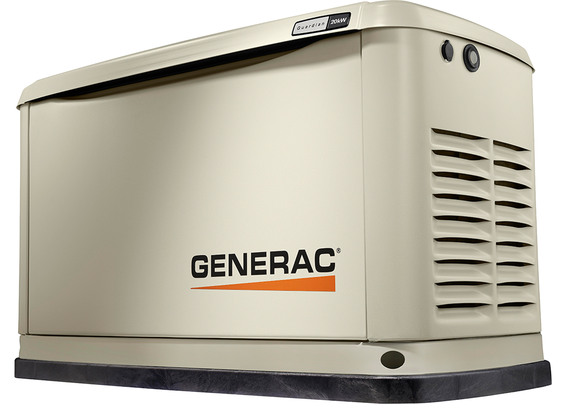 Beige Generac home generator with black base, logo visible.