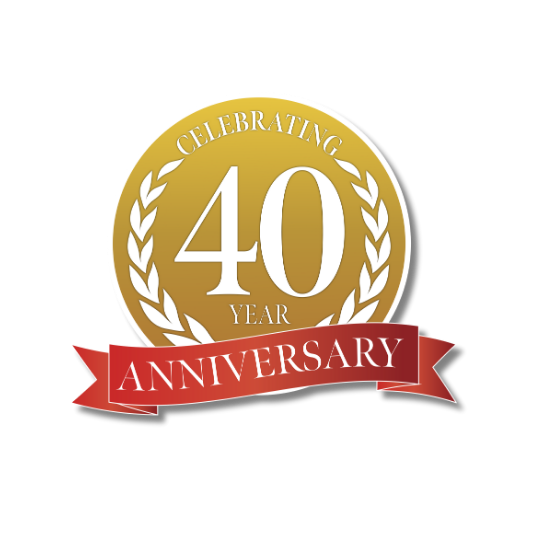 Gold and red 40-year anniversary logo with laurel wreath and ribbon.