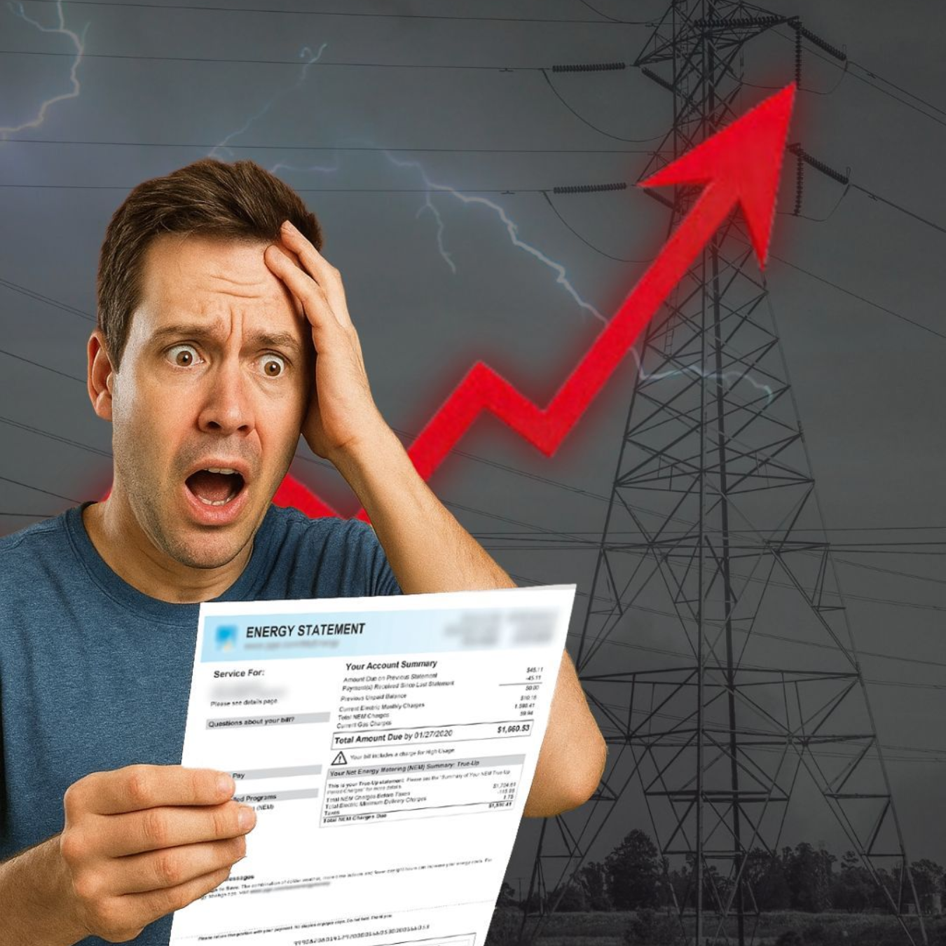 Man shocked by a high electricity bill with a red arrow rising behind a power pylon.