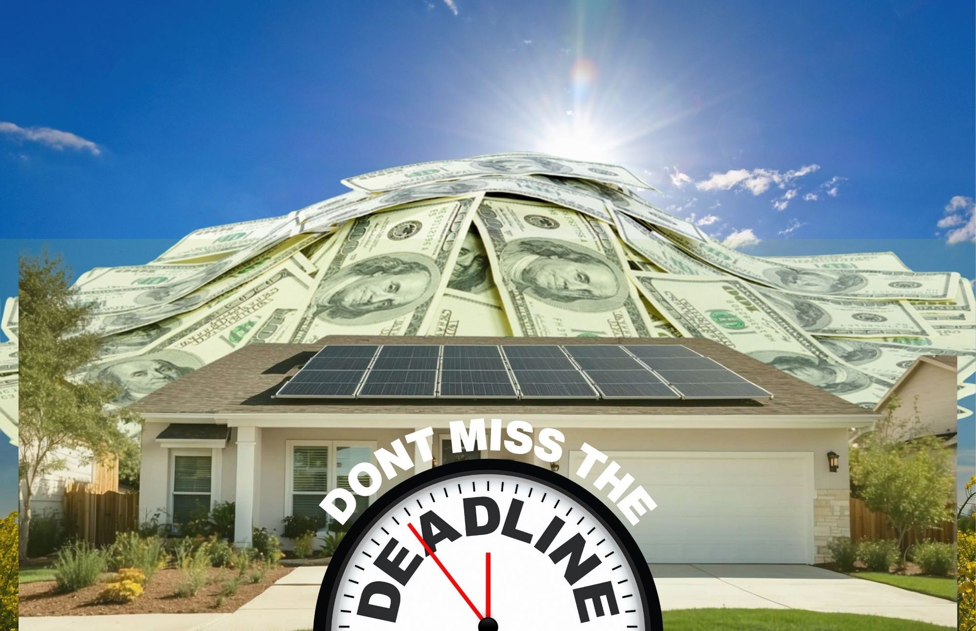 Solar panels on house beneath pile of money, with