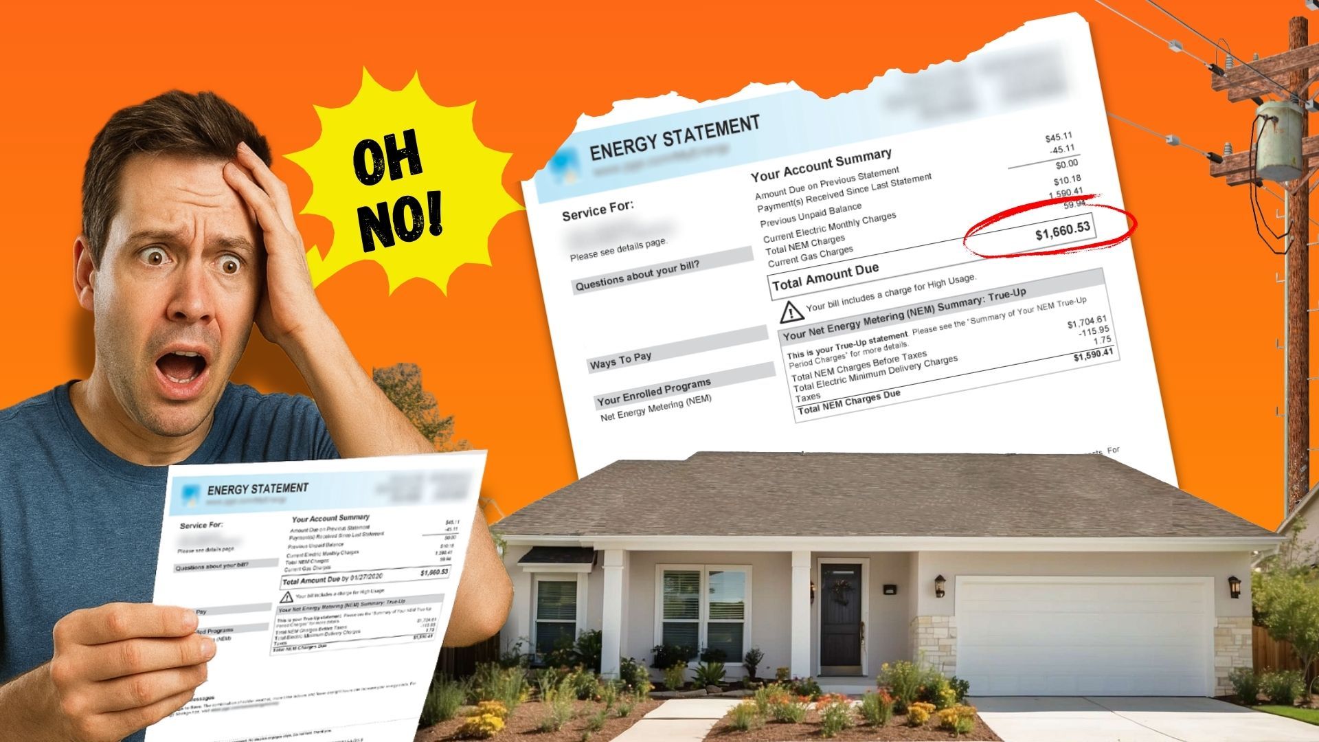 Man reacting to large energy bill next to a house and electrical transformer.
