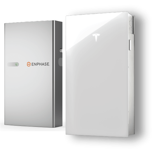 Two wall-mounted battery systems: Enphase on the left, white Tesla Powerwall on the right.