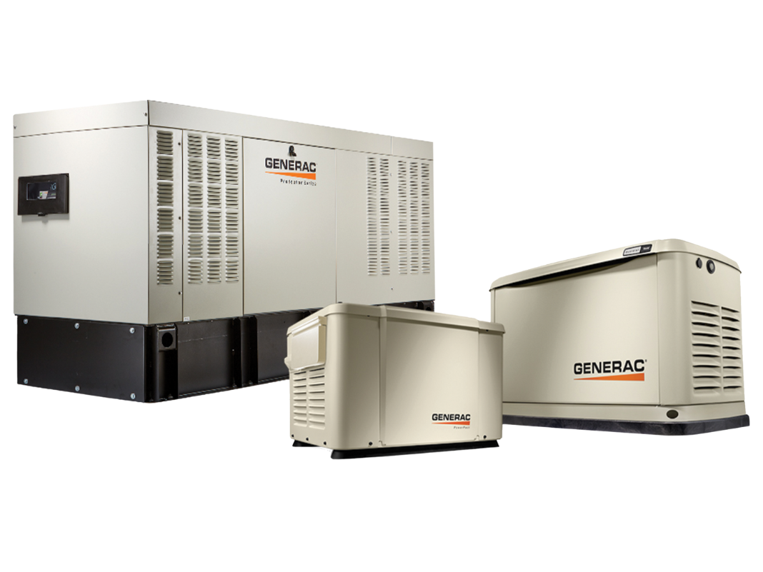 Three white and black industrial generator units displayed on a white background
