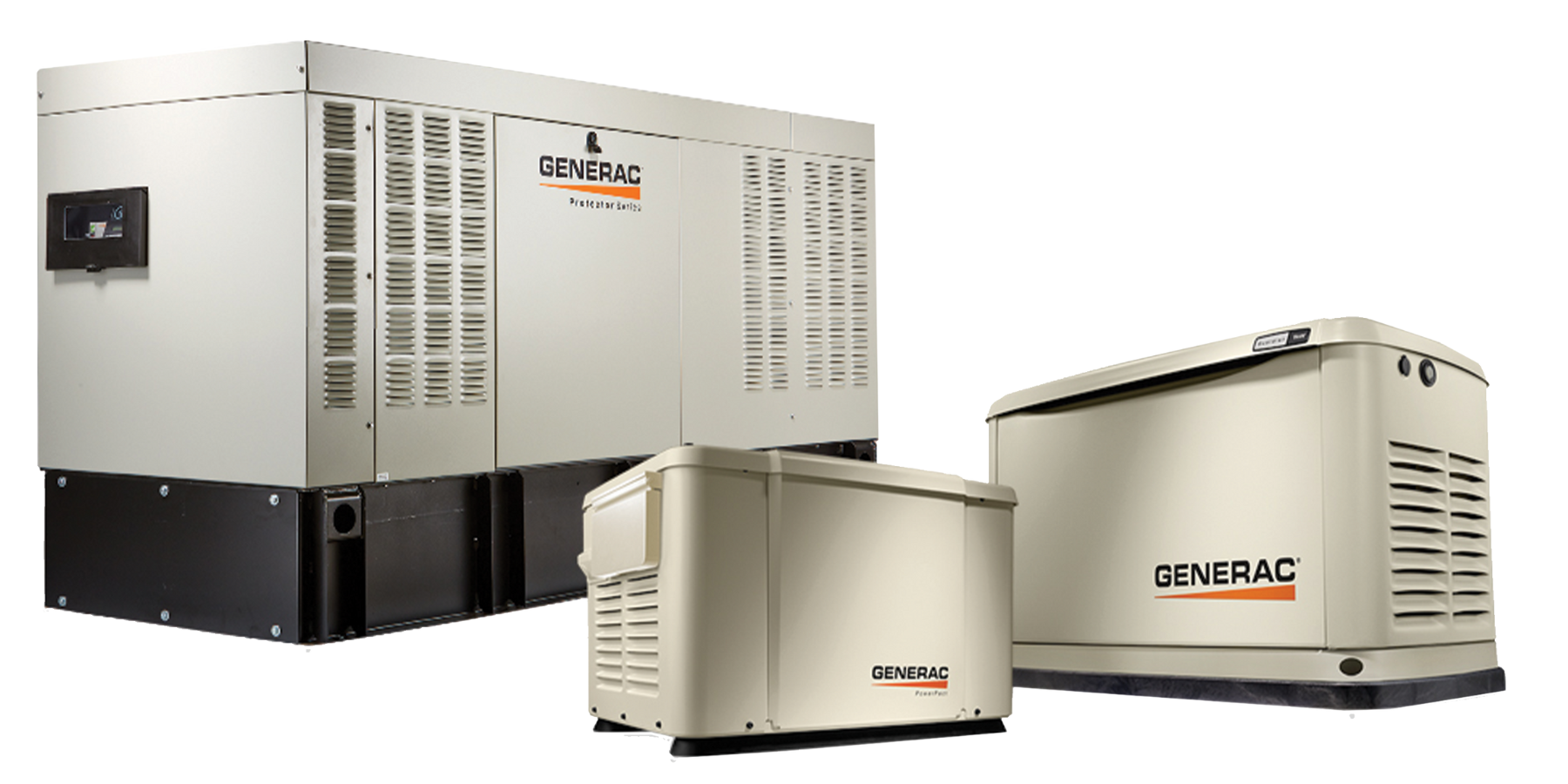 Generac generators in various sizes on a white background.
