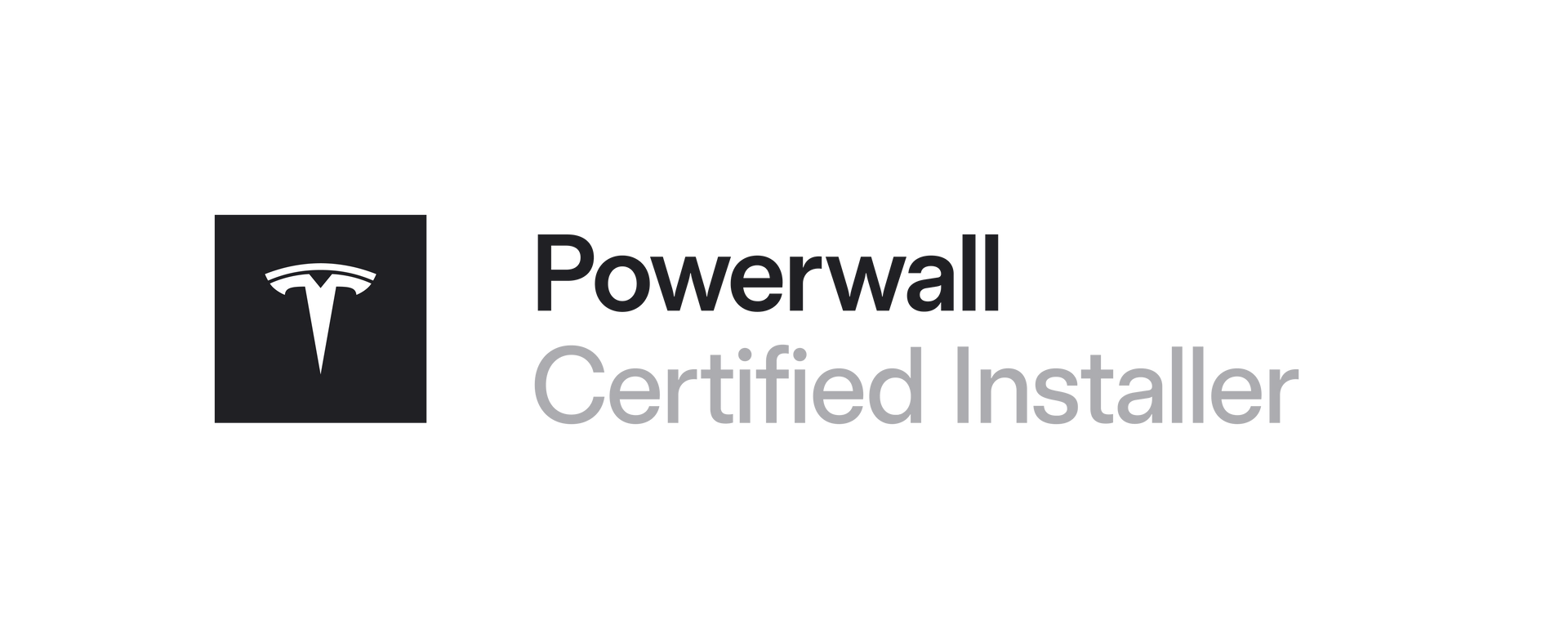Tesla Powerwall Certified Installer badge. Features a Tesla logo and text.