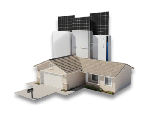 Solar home energy system with rooftop panels, battery storage units, and an EV charger beside a house