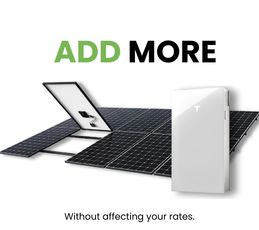 Solar panels and a battery storage unit; text reads