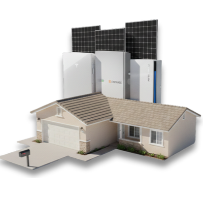 Model house with solar panels and battery storage units behind it