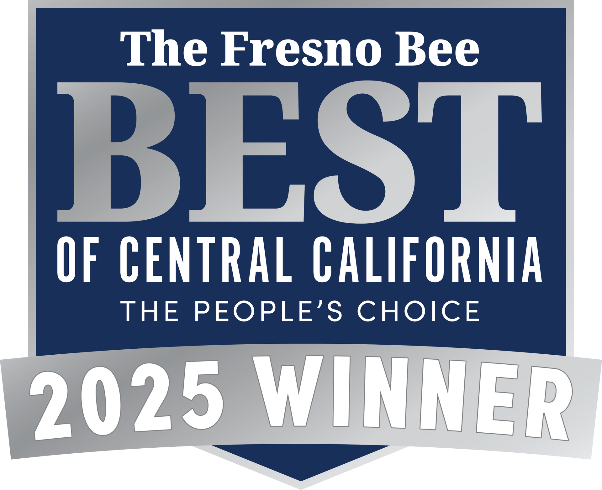 The Fresno Bee Best of Central California 2025 Winner badge in blue, white, and gray