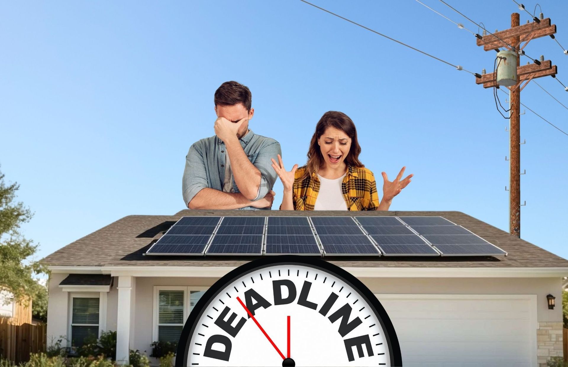Couple on rooftop with solar panels, one dismayed, the other excited;