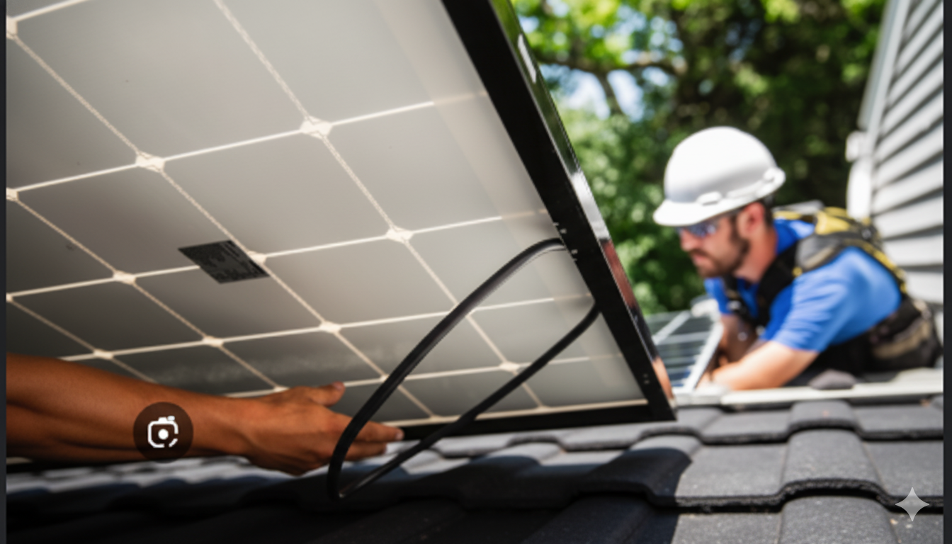 Solar panel installation on a rooftop, workers in safety gear.