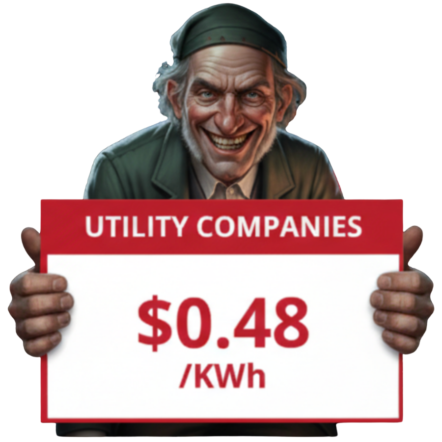 Man holding sign reading “UTILITY COMPANIES $0.48/kWh” with red banner and a grin