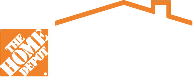 Home Depot logo with orange roof and text.