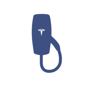 Blue Tesla Wall Connector with cable and logo.