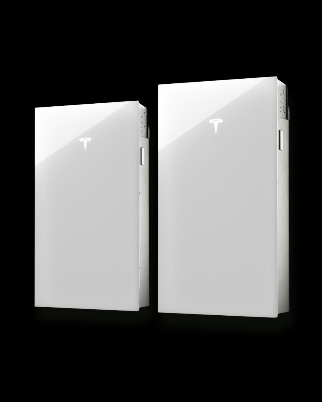 Two white Tesla Powerwall battery units against a black background.