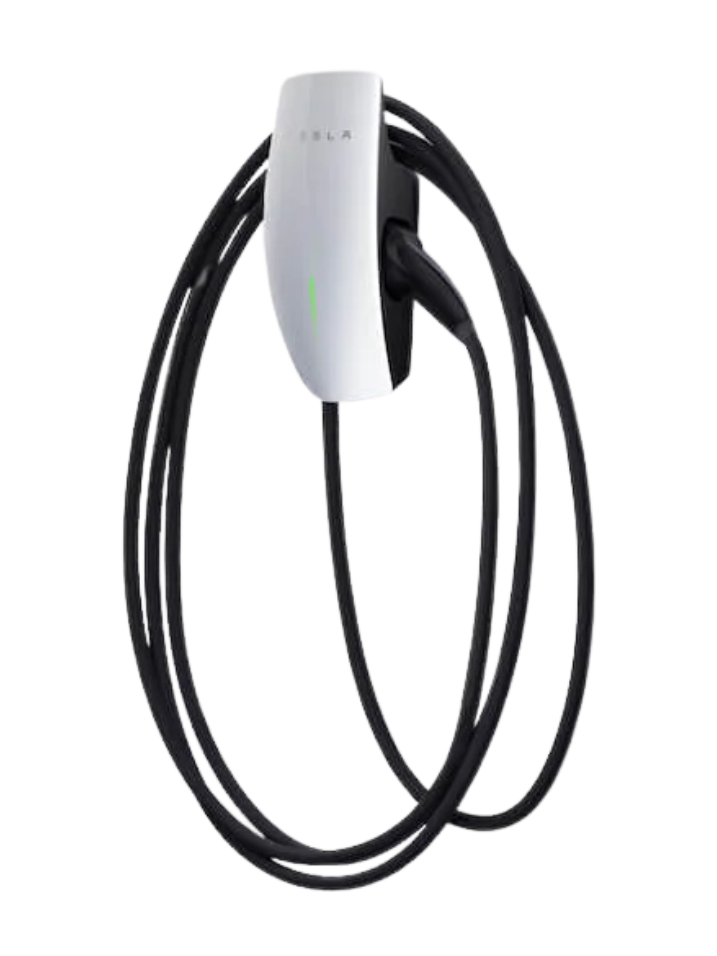 White Tesla Wall Connector with black charging cable coiled.