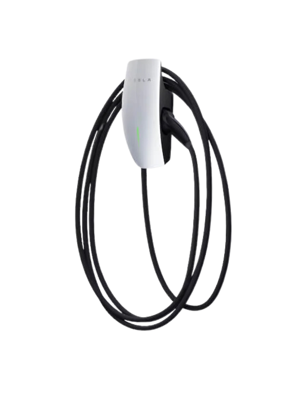White Tesla Wall Connector with black charging cable, mounted on a wall.