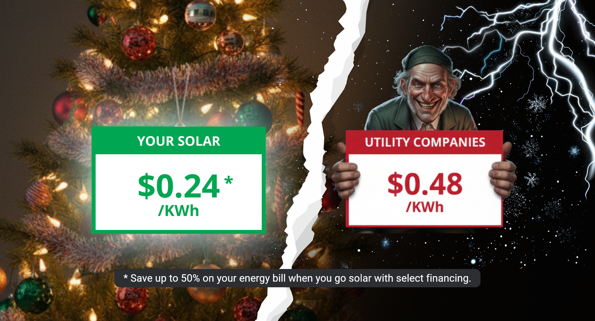 Solar panel icon beside utility companies on a snowy holiday scene, comparing $0.24/kWh to $0.48/kWh