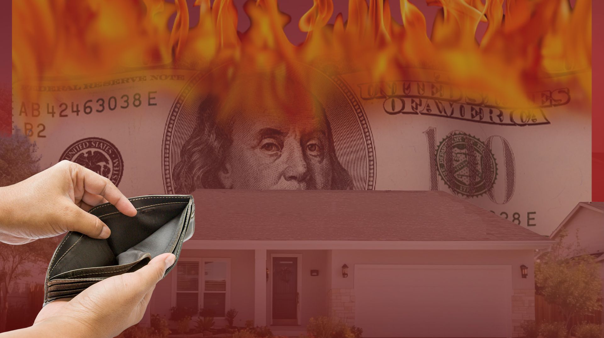 Empty wallet with burning dollar bill, house in background; financial crisis.