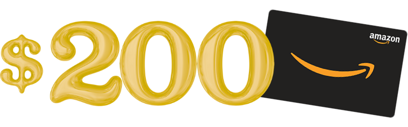$200 in gold balloon-style numbers next to an Amazon gift card.