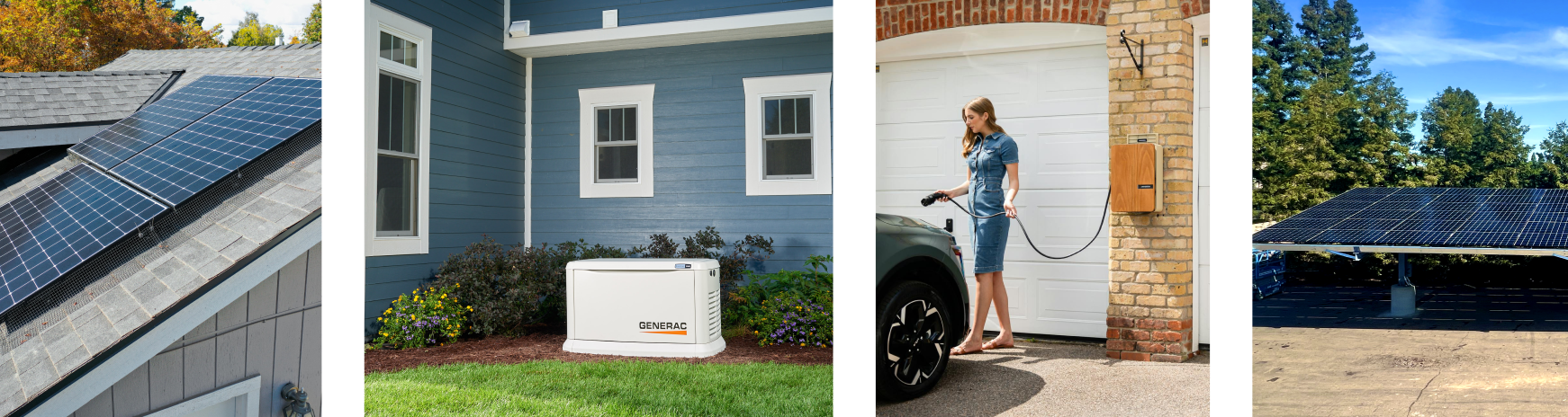 Four images: solar panels on a roof; generator next to a house; person charging an electric car; solar-panel carport.
