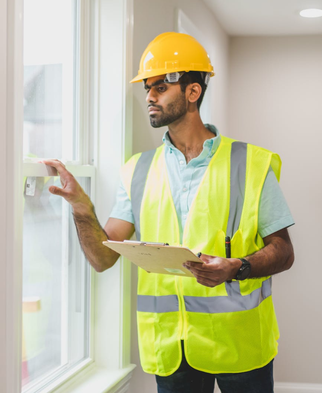 Inspector in yellow hard hat and vest examining a window. Clipboard in hand, indoor setting.