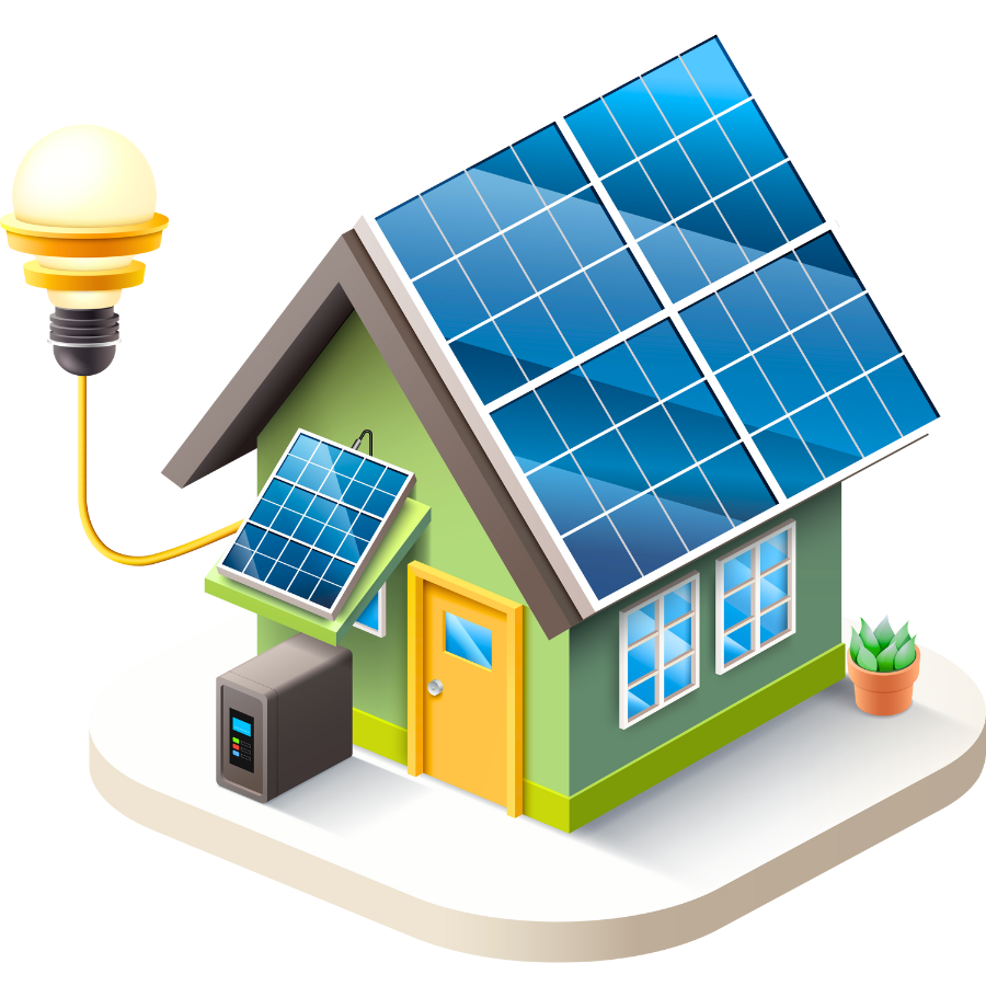 Green house with solar panels generating electricity. Light bulb illuminates.