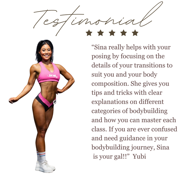 A woman is standing in front of a white background with a testimonial written on it.