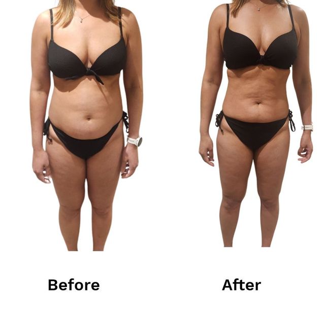 A before and after photo of a woman in a black bikini