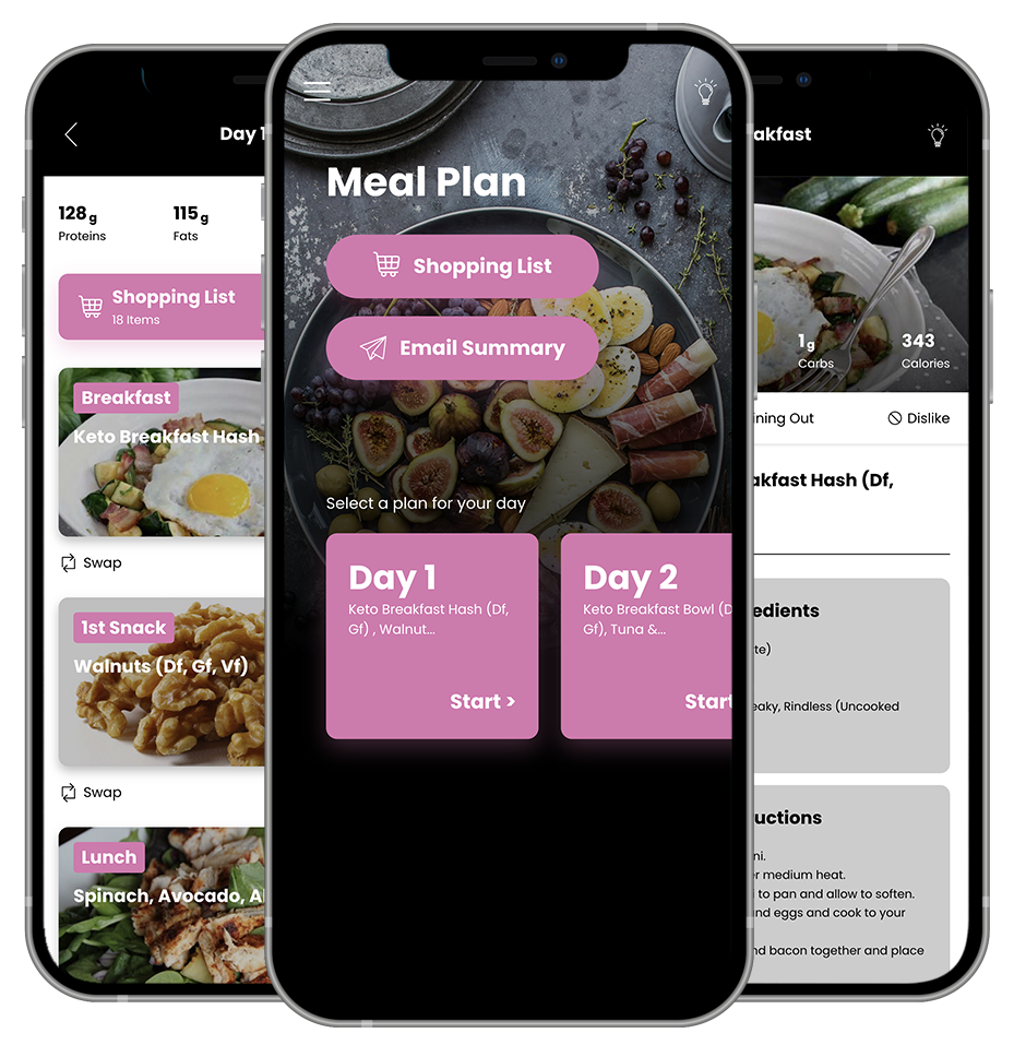 Three phones are displaying a meal plan app on their screens.