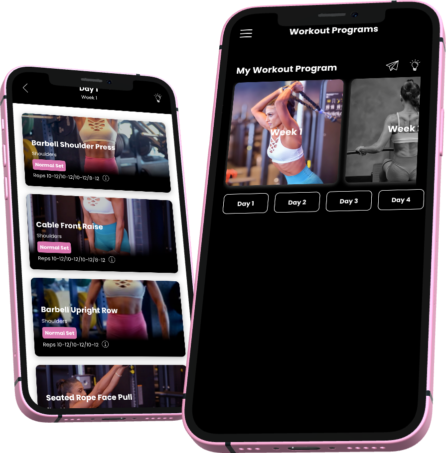 Two cell phones with workout programs on them