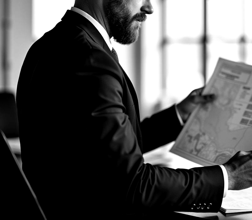 Man in suit, looking at papers; indoors.