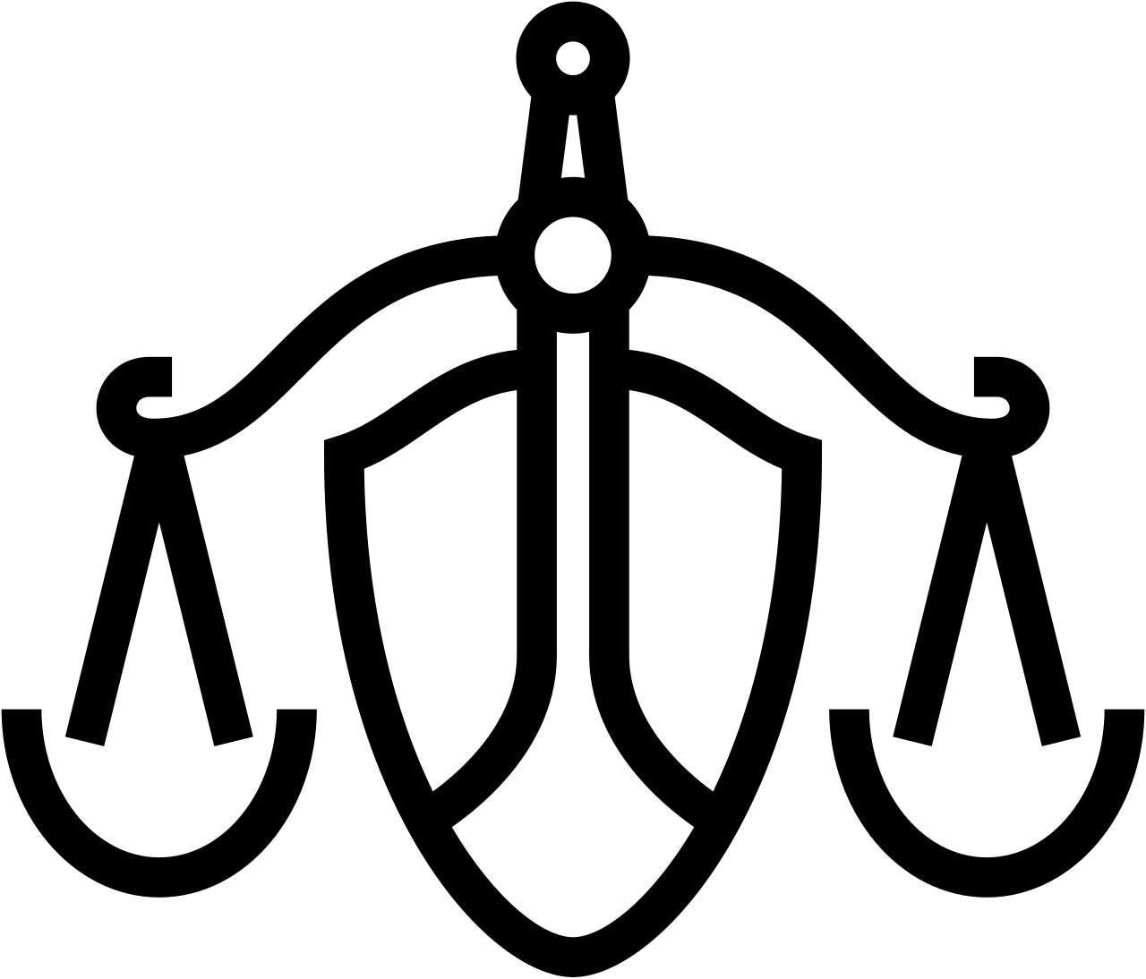 Black outline icon of balanced scales and a shield, symbolizing justice and protection