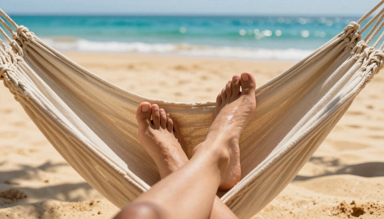 Sun-kissed feet in a hammock overlooking a summer beach scene.