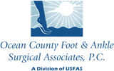 Blue logo: Foot stepping into water, sunburst, 