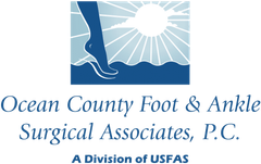Blue logo: Foot stepping into water, sunburst, 