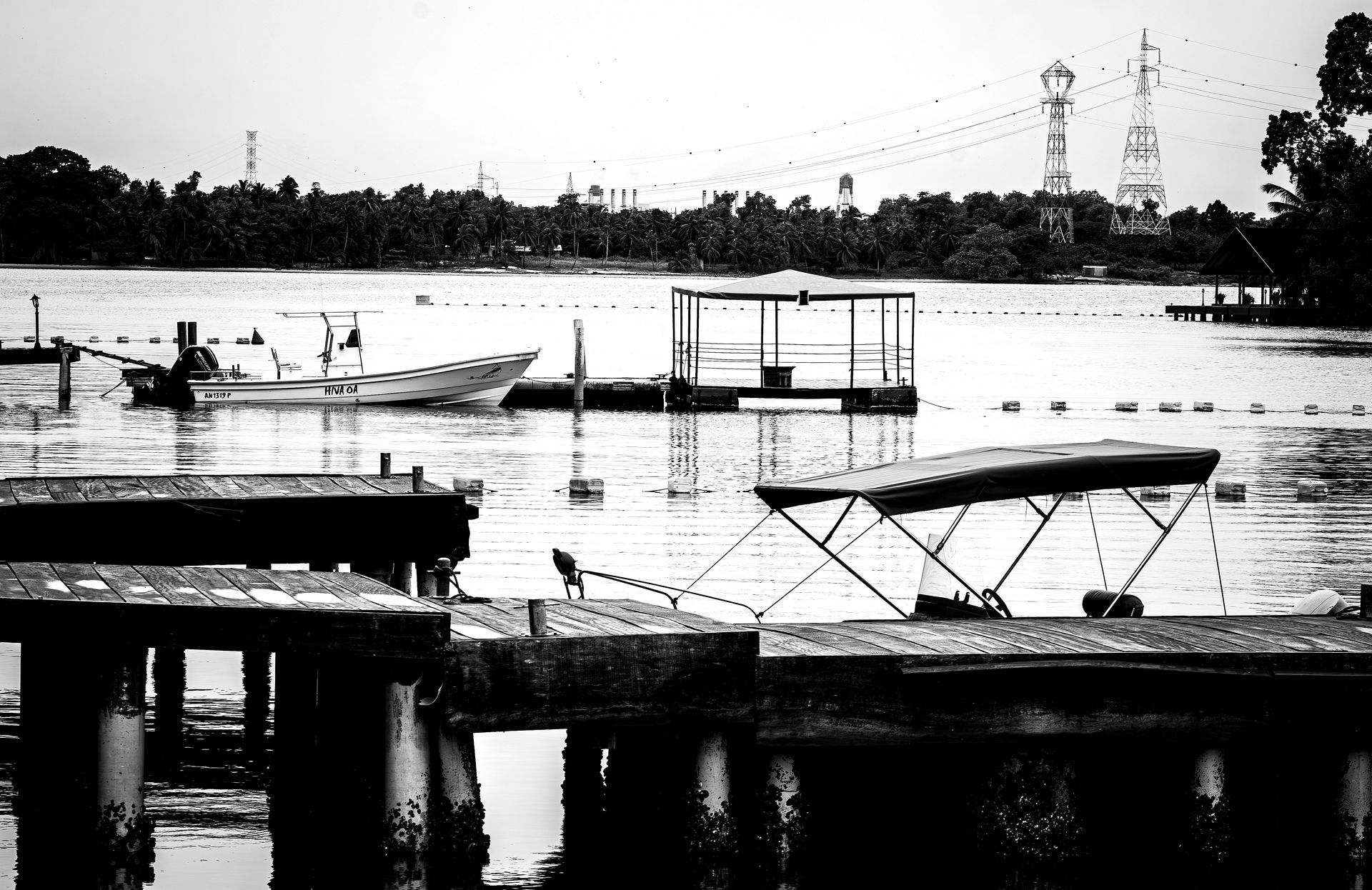 Black-and-white view of a lakeside dock with boats and a canopy, with a shoreline in the background.