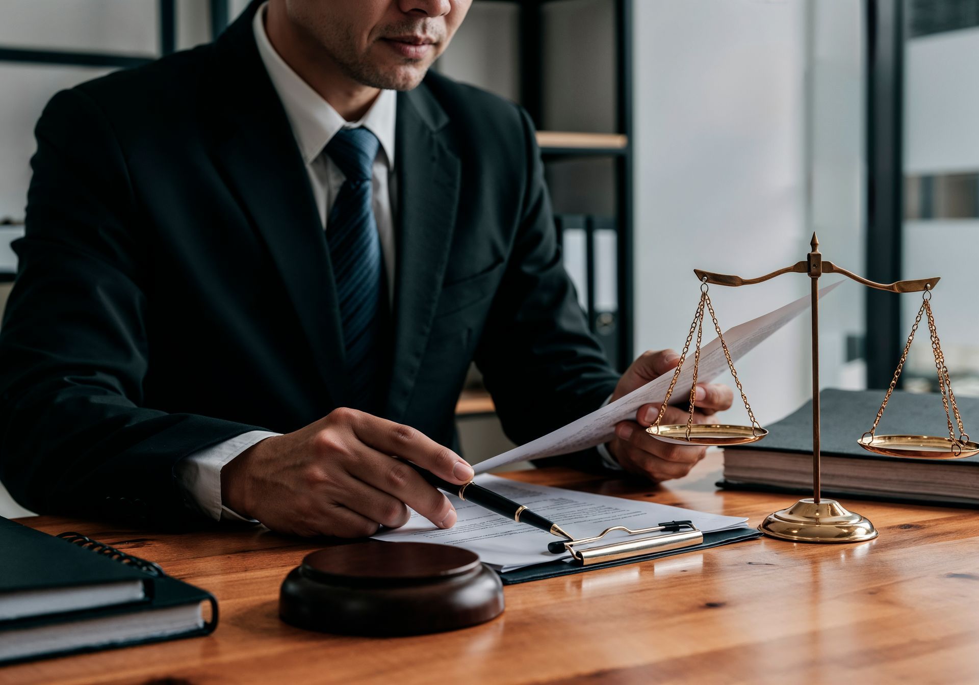 A person in a suit sits at a desk with legal documents, a wooden gavel, and a set of gold scales of justice.