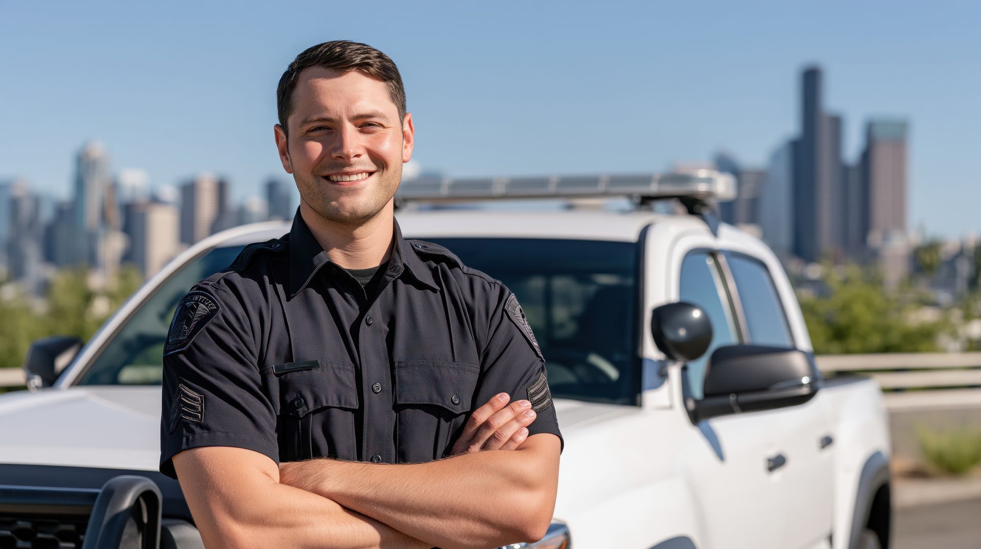 A smiling officer stands by a police truck during scheduled vehicle patrols in the city. A smiling officer stands by a police truck during scheduled vehicle patrols in the city.