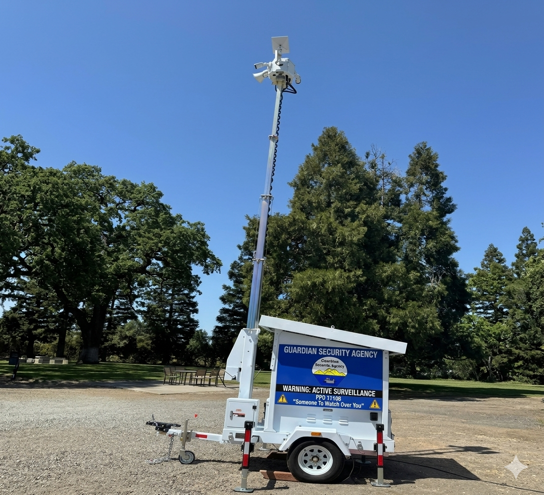 Small white utility trailer with a tall mast and mounted device in a grassy park under a blue sky. Small white utility trailer with a tall mast and mounted device in a grassy park under a blue sky.
