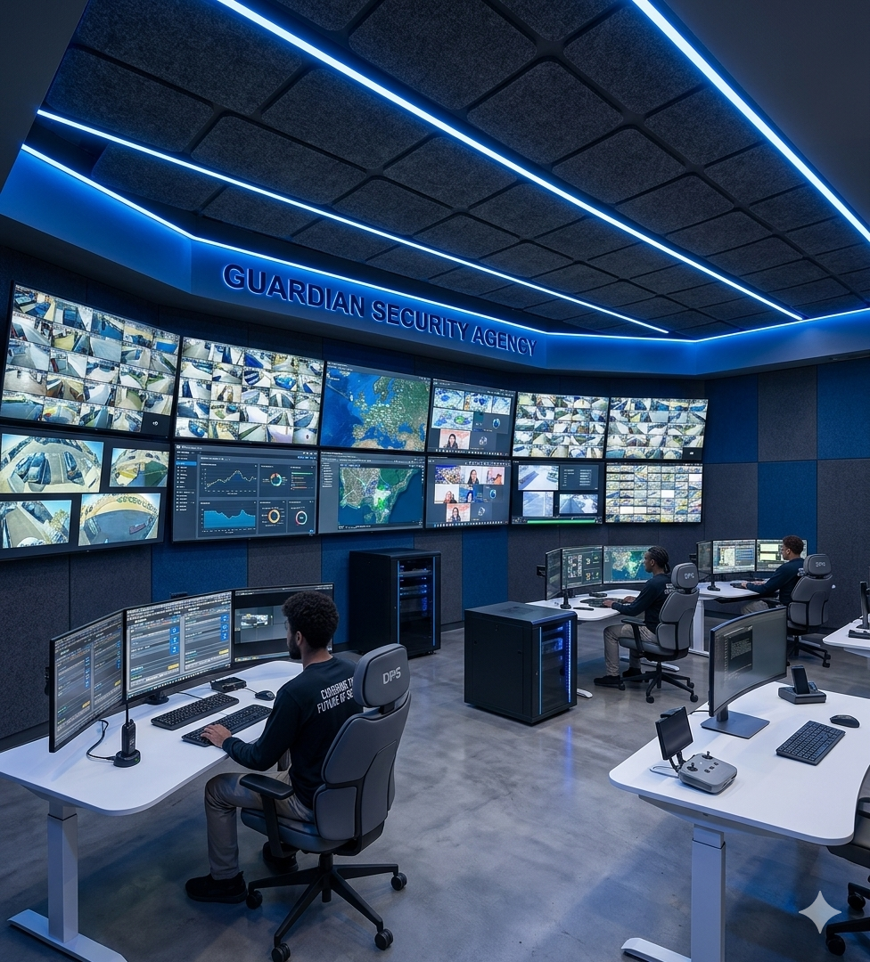 High-tech security control room with operators at consoles and wall-mounted surveillance screens High-tech security control room with operators at consoles and wall-mounted surveillance screens