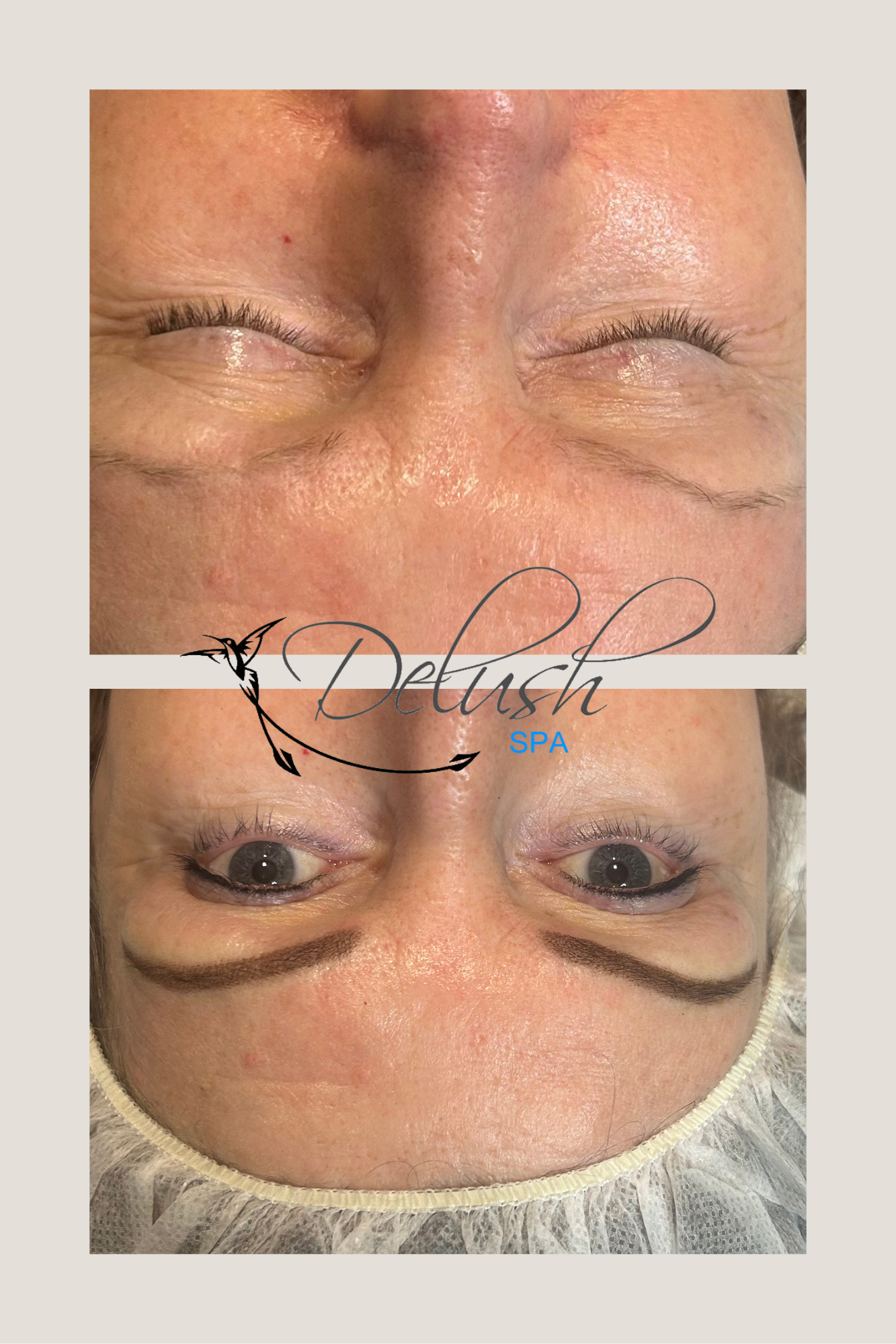 Close-up of closed and open eyes with dark eyeliner, shown in two stacked before-and-after views.