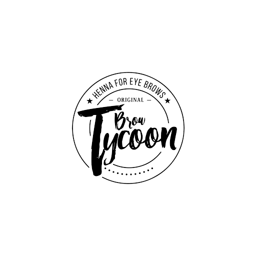 Black-and-white circular logo for “The Brow Tycoon” with a brow, stars, and “Vienna for Eye Brows” text