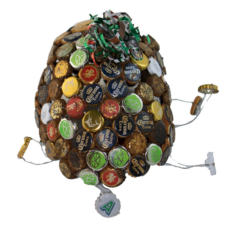 A turtle made out of corona beer bottle caps