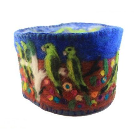 A colorful item with birds and flowers on it