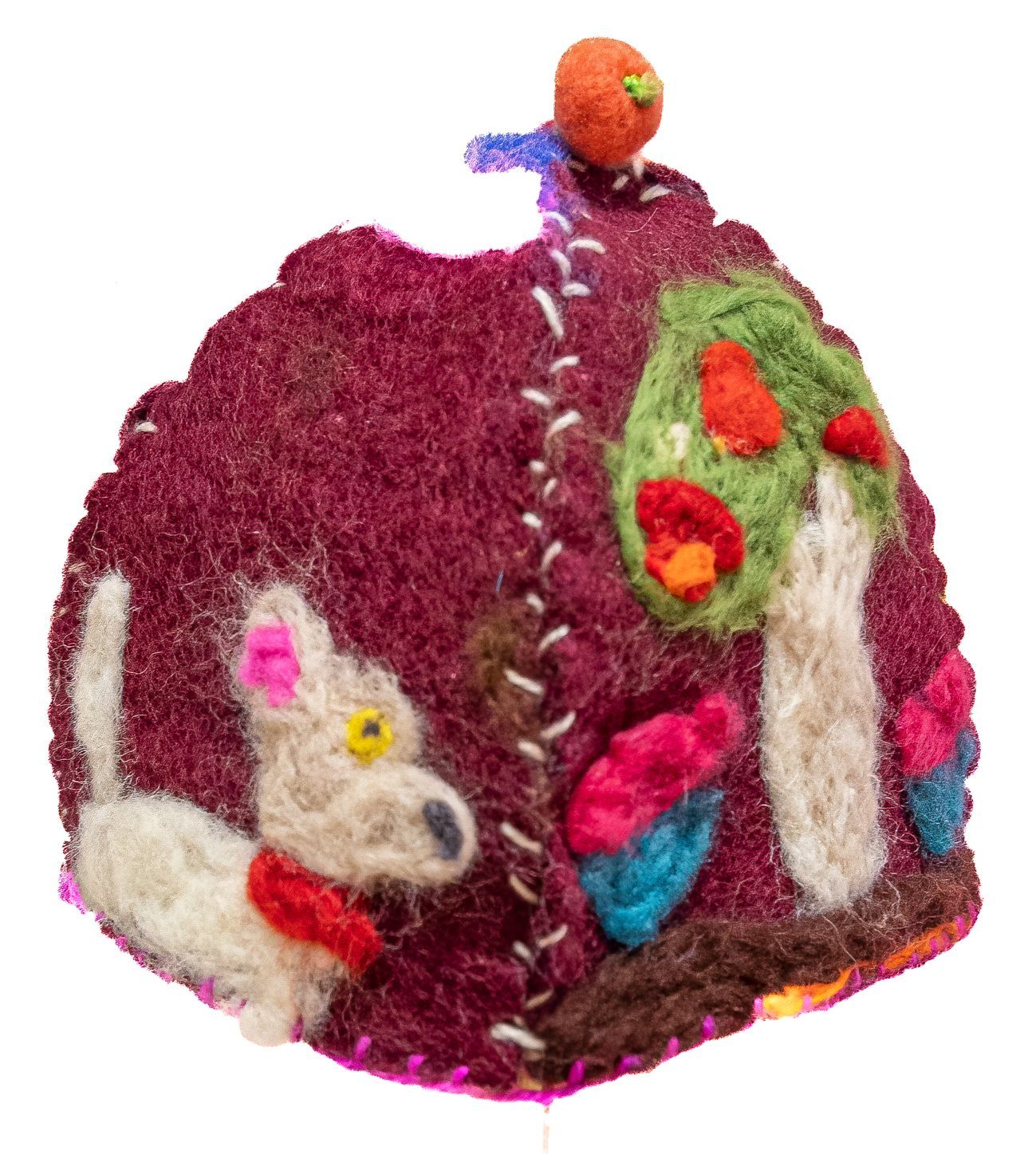 A purple stuffed animal with a dog and flowers on it