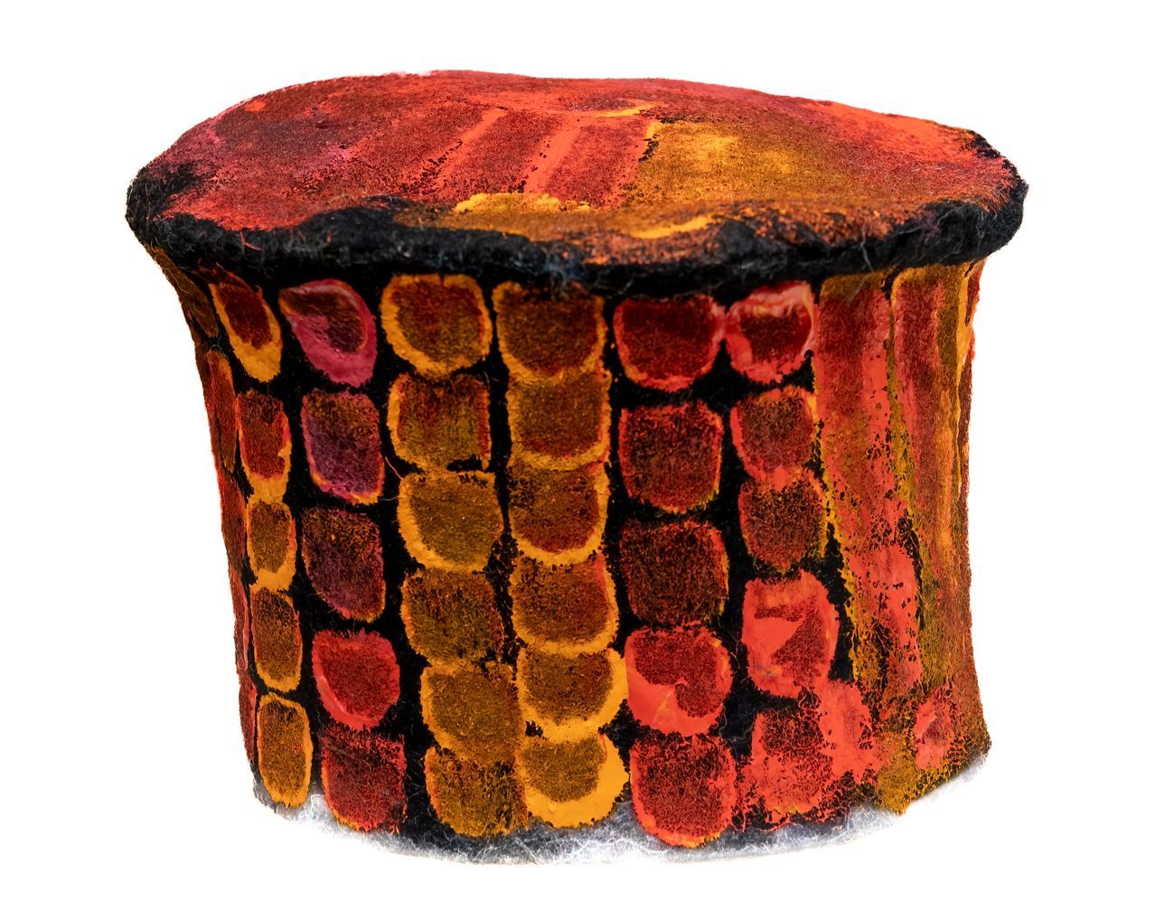 A painting of a colorful object with circles on it