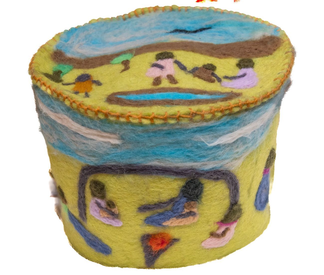 A yellow cylinder with a painting of people on it