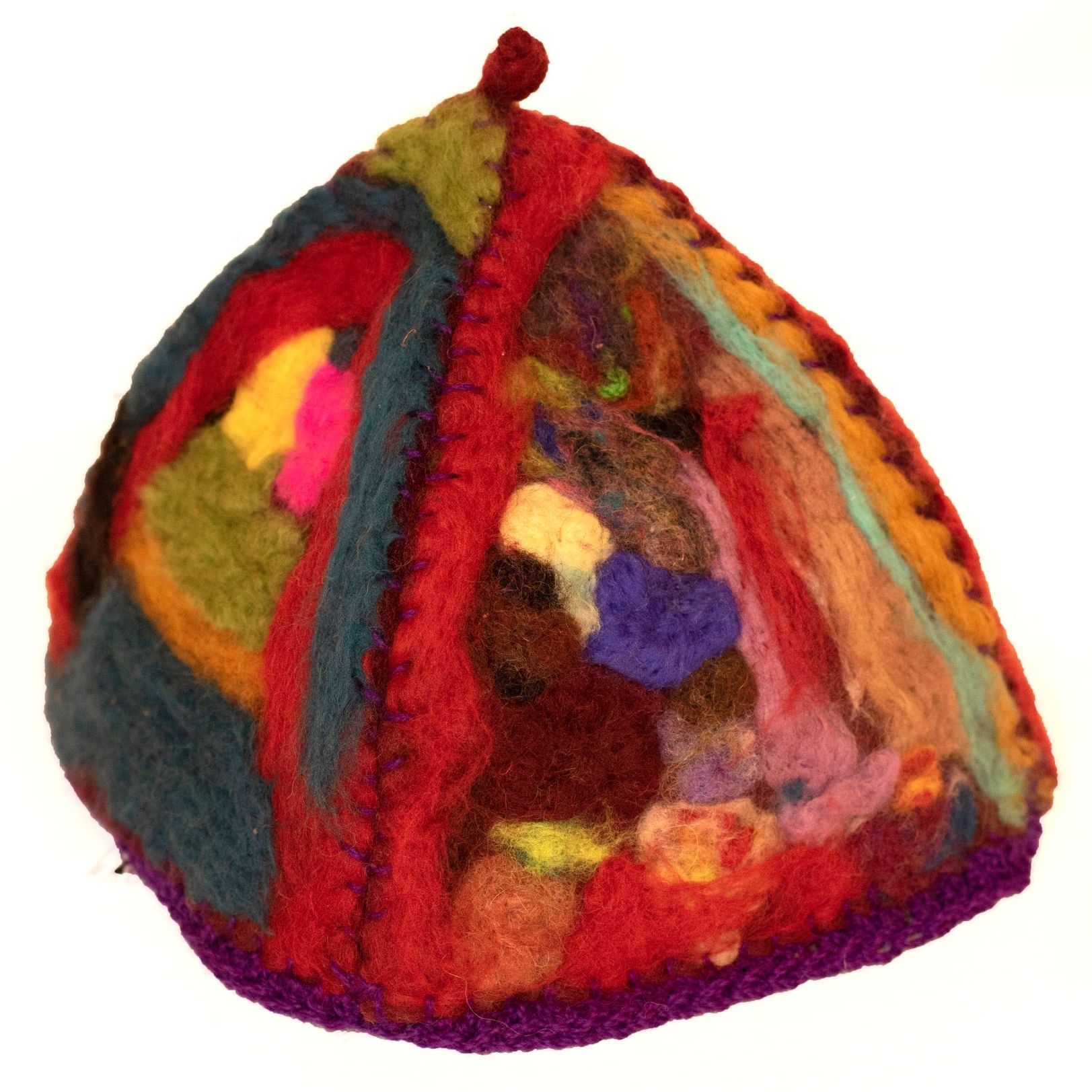 A colorful knitted object with a purple border