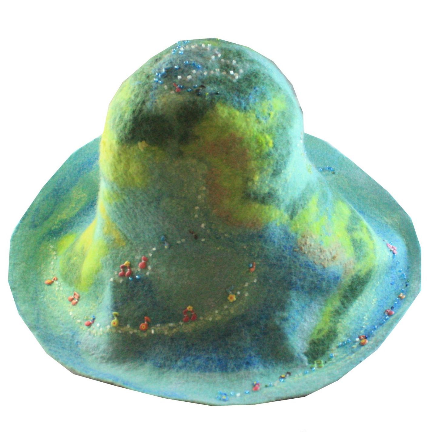 A blue and yellow hat with a white background